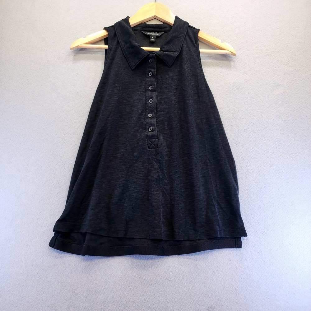 Banana Republic Women Black Slub Knit Sleeveless Polo Top High Low Hem‎ Size L